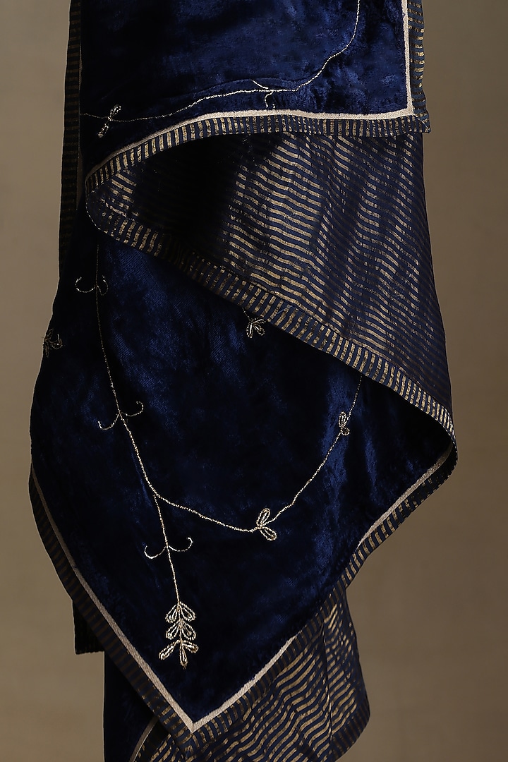 Blue Silk Velvet Hand Embroidered Dushala by Weaverstory at Pernia's Pop Up Shop
