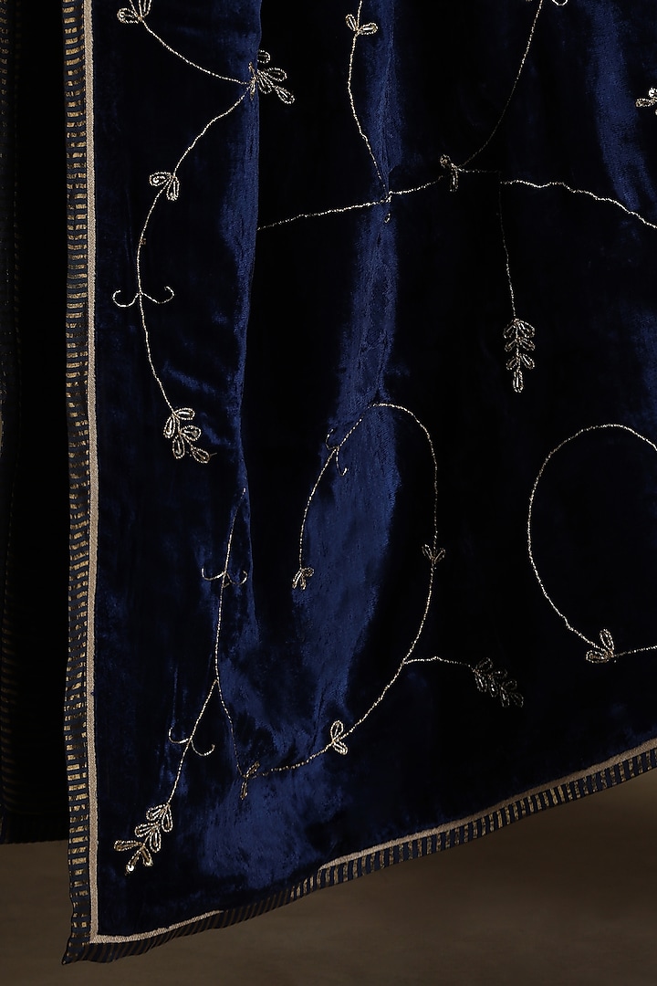 Blue Silk Velvet Hand Embroidered Dushala by Weaverstory at Pernia's Pop Up Shop