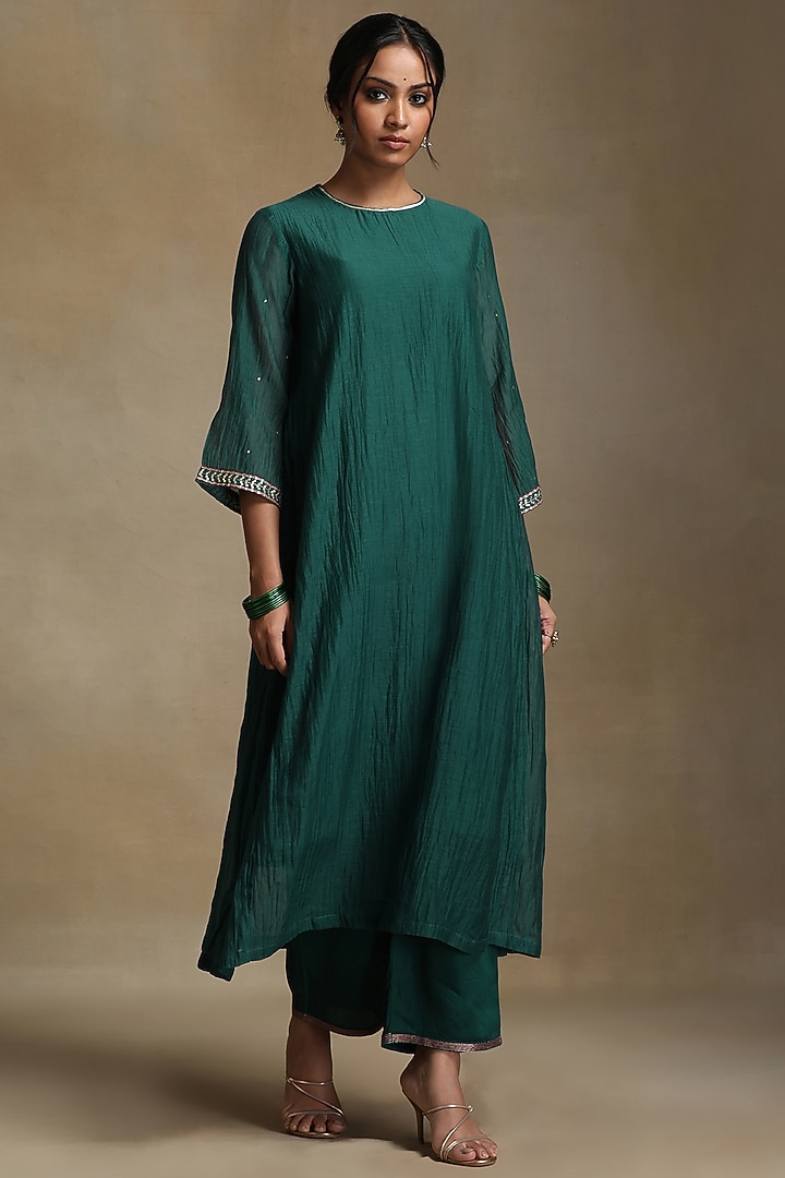 Teal Pure Chanderi Hand Embroidered Kurta Set by Weaverstory at Pernia's Pop Up Shop