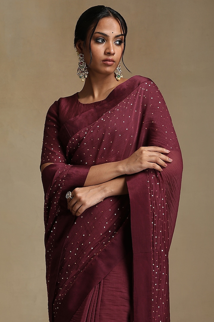 Plum Pure Chanderi Hand Embroidered Party Wear Saree Set by Weaverstory at Pernia's Pop Up Shop