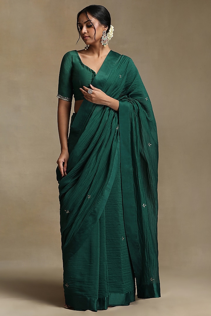 Teal Pure Chanderi Hand Embroidered Saree Set by Weaverstory at Pernia's Pop Up Shop