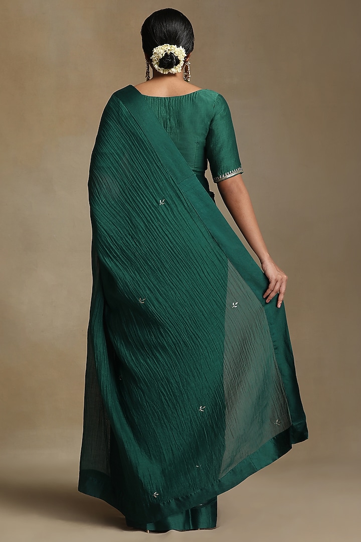 Teal Pure Chanderi Hand Embroidered Party Wear Saree Set by Weaverstory at Pernia's Pop Up Shop