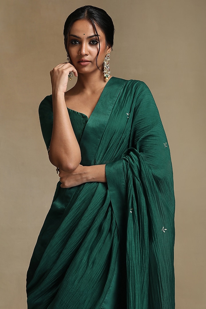 Teal Pure Chanderi Hand Embroidered Party Wear Saree Set by Weaverstory at Pernia's Pop Up Shop