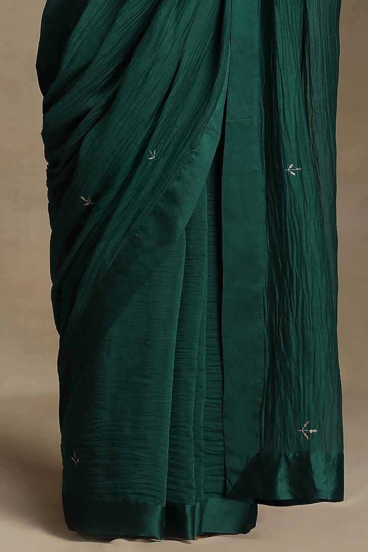 Teal Pure Chanderi Hand Embroidered Party Wear Saree Set by Weaverstory at Pernia's Pop Up Shop