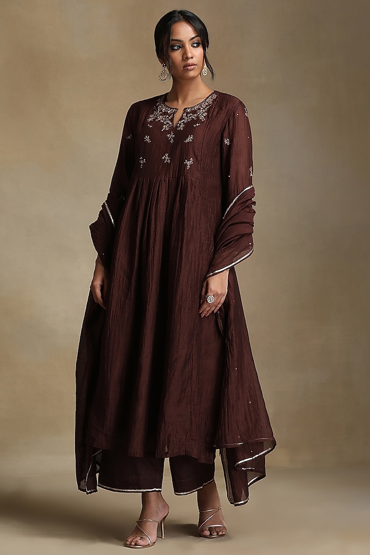 Brown Pure Chanderi Hand Embroidered Gathered Kurta Set by Weaverstory at Pernia's Pop Up Shop