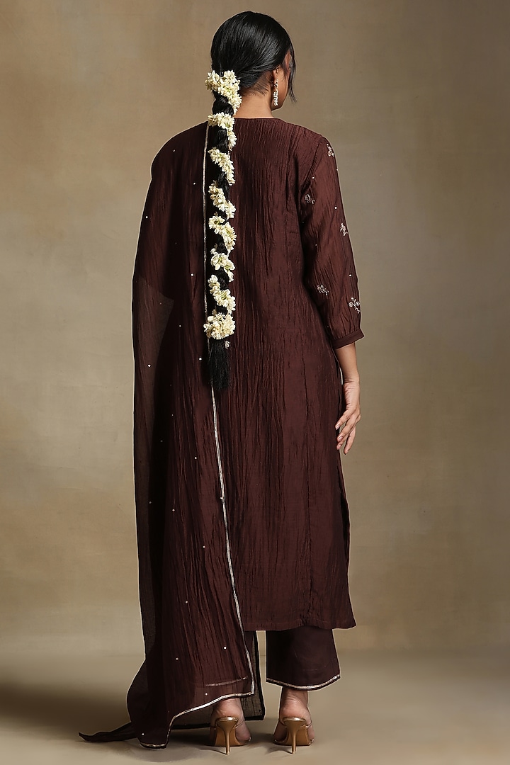 Brown Pure Chanderi Hand Embroidered Gathered Kurta Set by Weaverstory at Pernia's Pop Up Shop