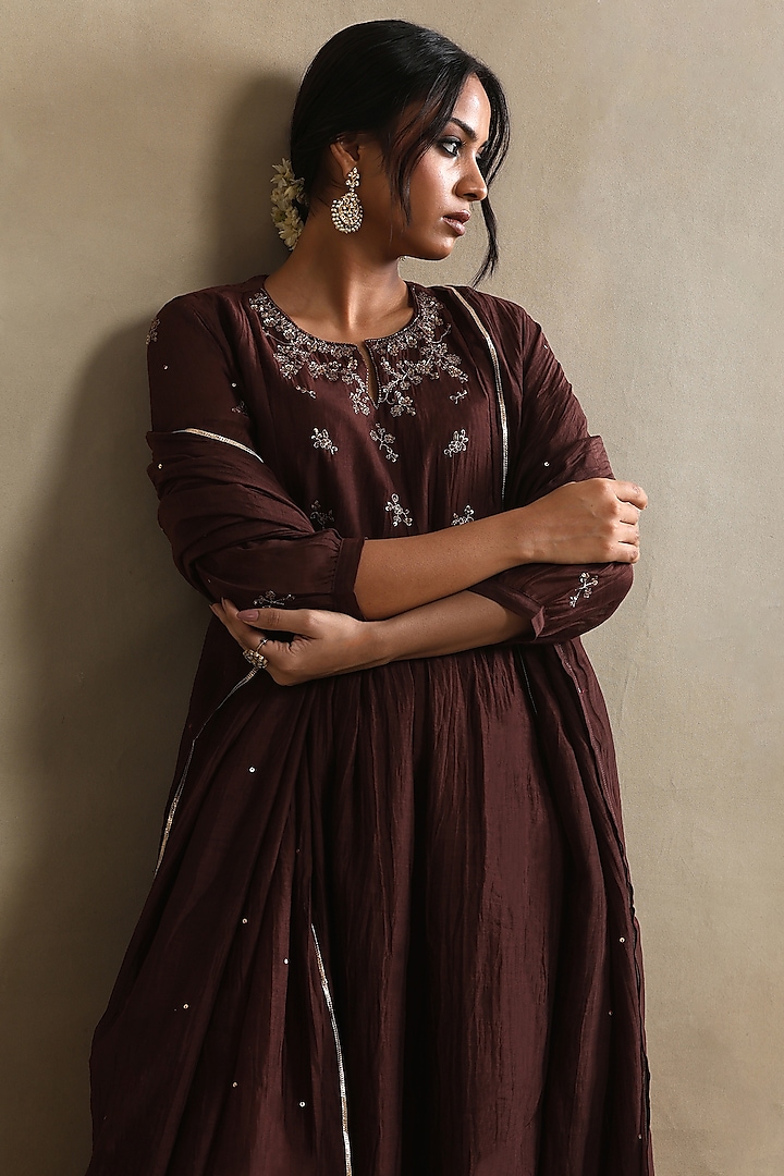 Brown Pure Chanderi Hand Embroidered Gathered Kurta Set by Weaverstory at Pernia's Pop Up Shop