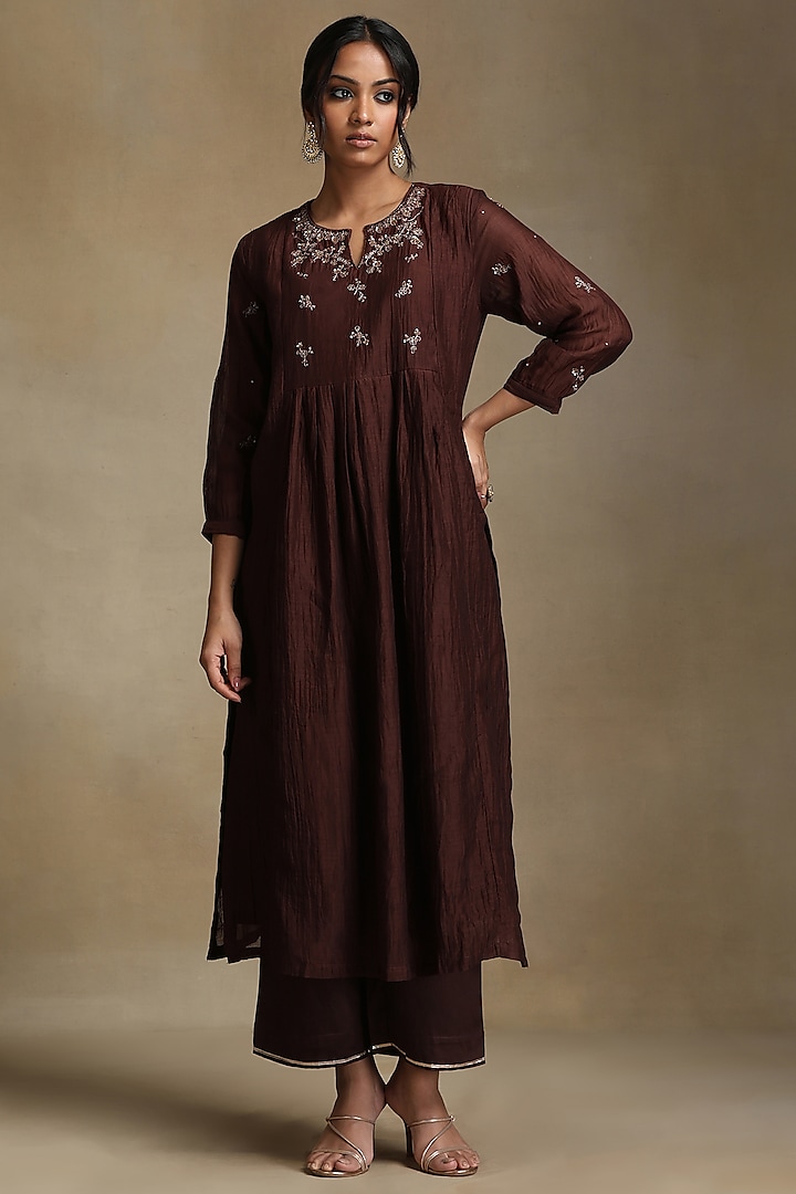 Brown Pure Chanderi Hand Embroidered Gathered Kurta Set by Weaverstory at Pernia's Pop Up Shop