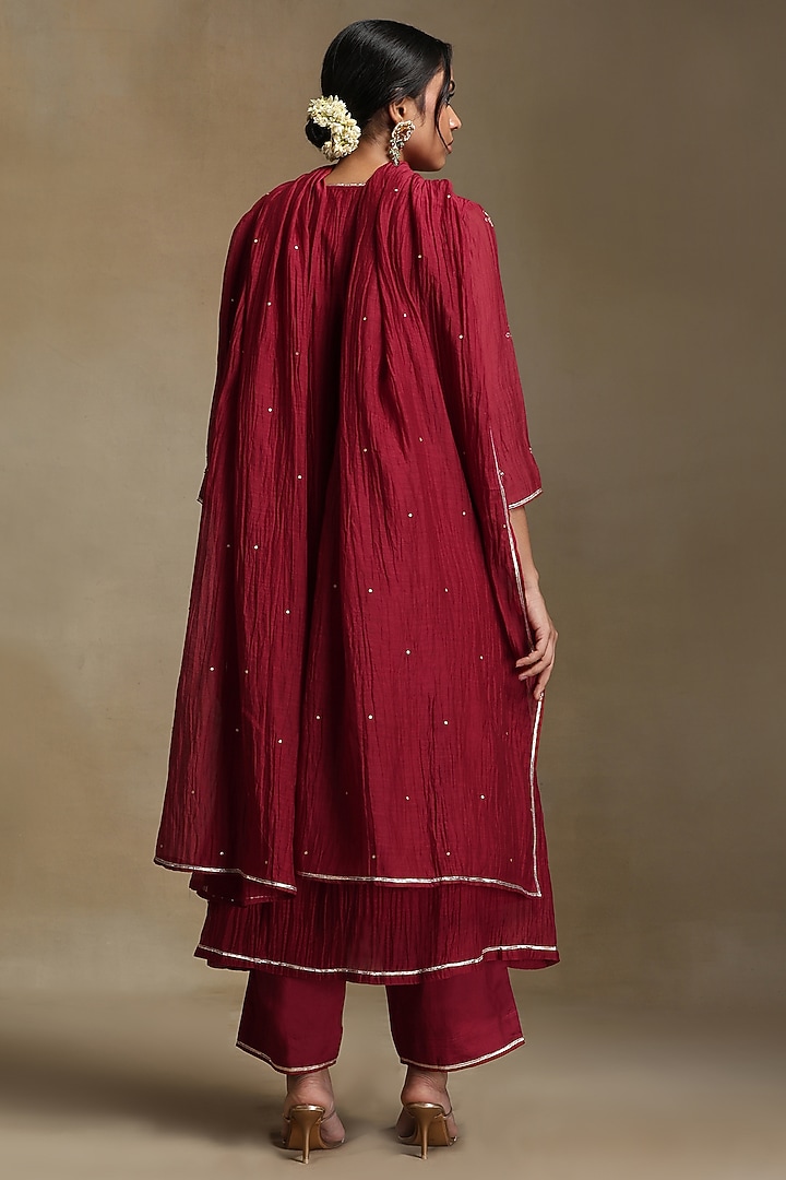 Red Pure Chanderi Hand Embroidered A-Line Kurta Set by Weaverstory at Pernia's Pop Up Shop