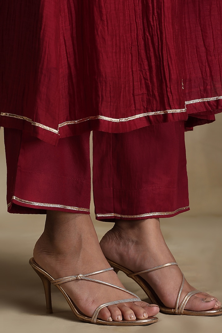 Red Pure Chanderi Hand Embroidered A-Line Kurta Set by Weaverstory at Pernia's Pop Up Shop
