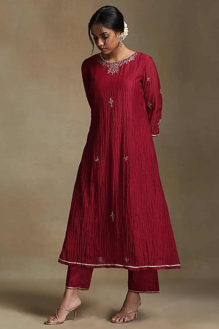 Red Pure Chanderi Hand Embroidered A-Line Kurta Set by Weaverstory at Pernia's Pop Up Shop
