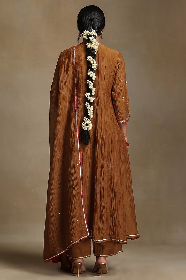 Mustard Yellow Pure Chanderi Hand Embroidered Kalidar Kurta Set by Weaverstory at Pernia's Pop Up Shop