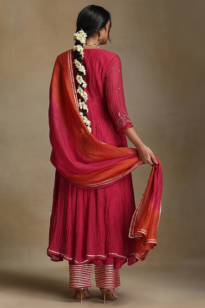 Pink Pure Chanderi Hand Embroidered Anarkali Kurta Set by Weaverstory at Pernia's Pop Up Shop