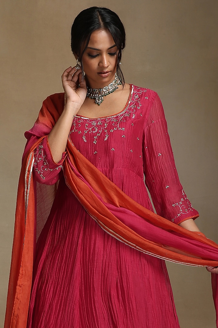 Women Rust Chanderi Embroidered Anarkali Maxi Kurta