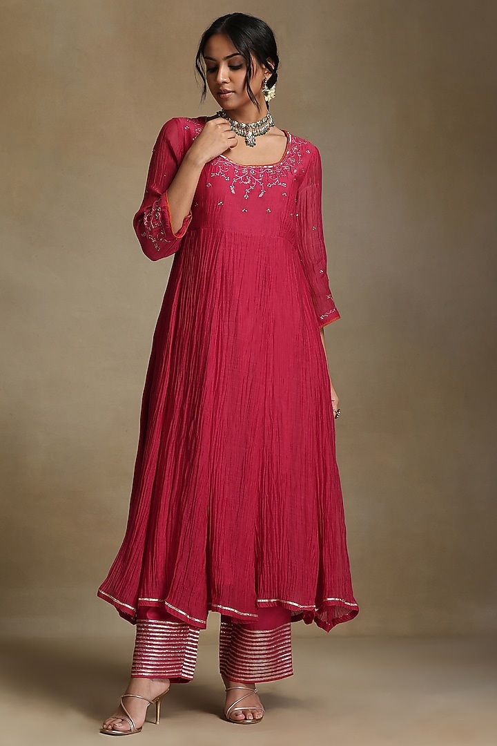 Pink Pure Chanderi Hand Embroidered Anarkali Kurta Set by Weaverstory at Pernia's Pop Up Shop