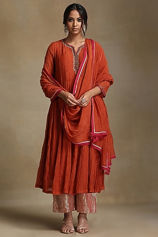 Hand embroidered burnt orange anarkali