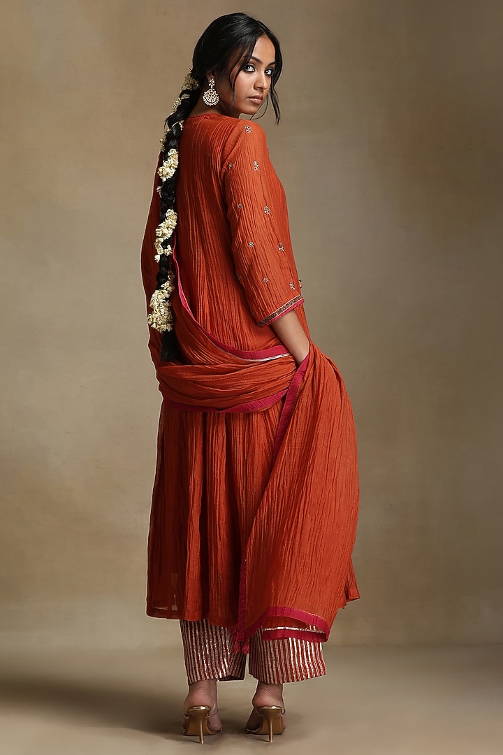 Burnt Orange Pure Chanderi Hand Embroidered Anarkali Kurta Set by Weaverstory at Pernia's Pop Up Shop
