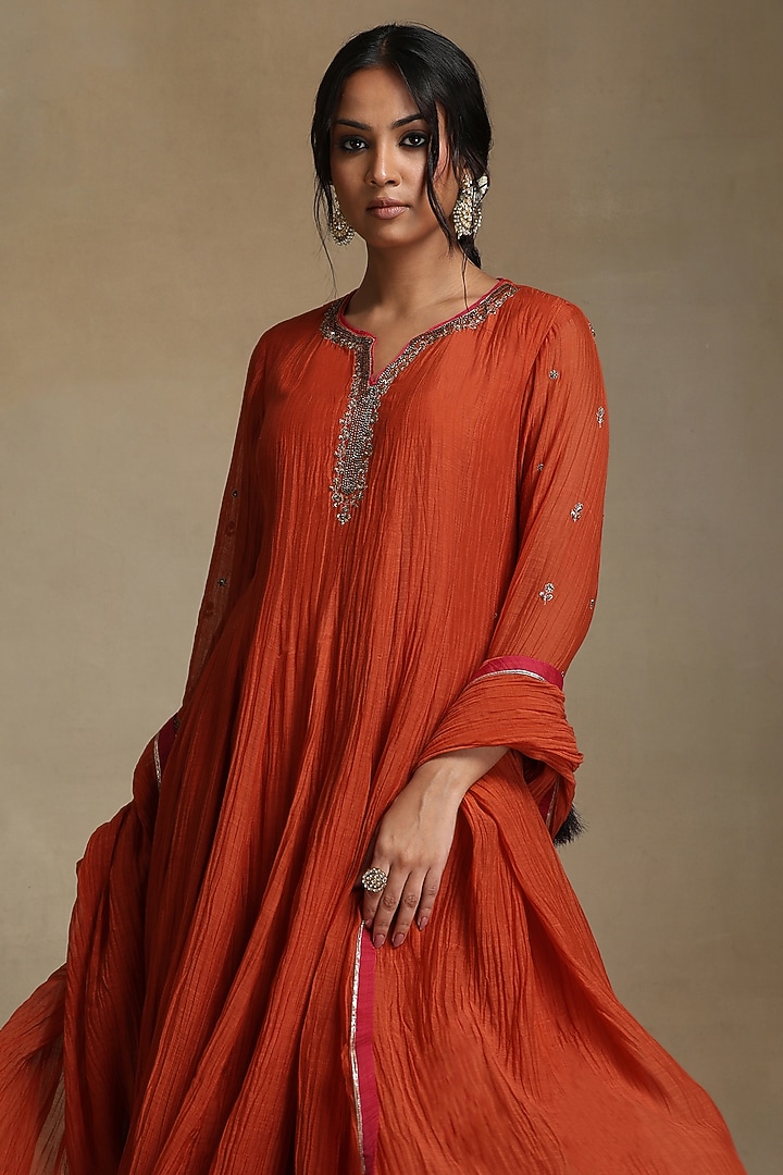 Burnt Orange Pure Chanderi Hand Embroidered Anarkali Kurta Set by Weaverstory at Pernia's Pop Up Shop