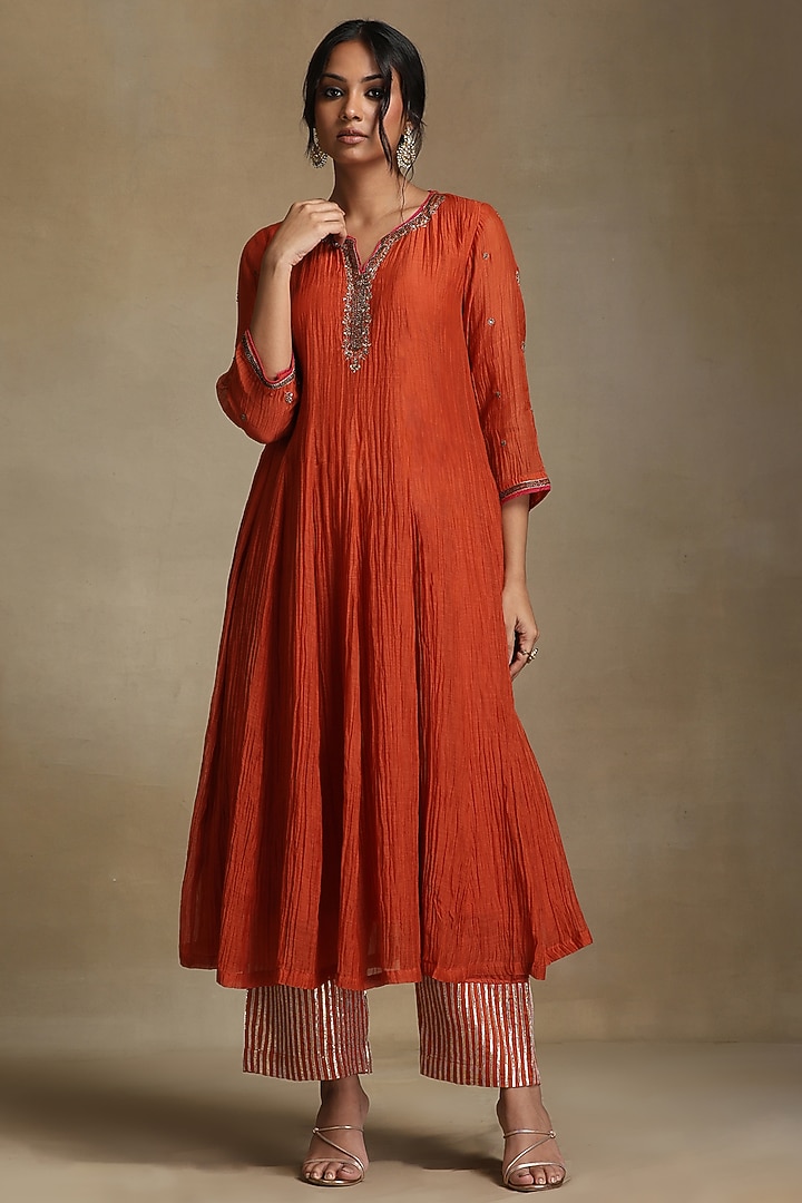 Burnt Orange Pure Chanderi Hand Embroidered Anarkali Kurta Set by Weaverstory at Pernia's Pop Up Shop