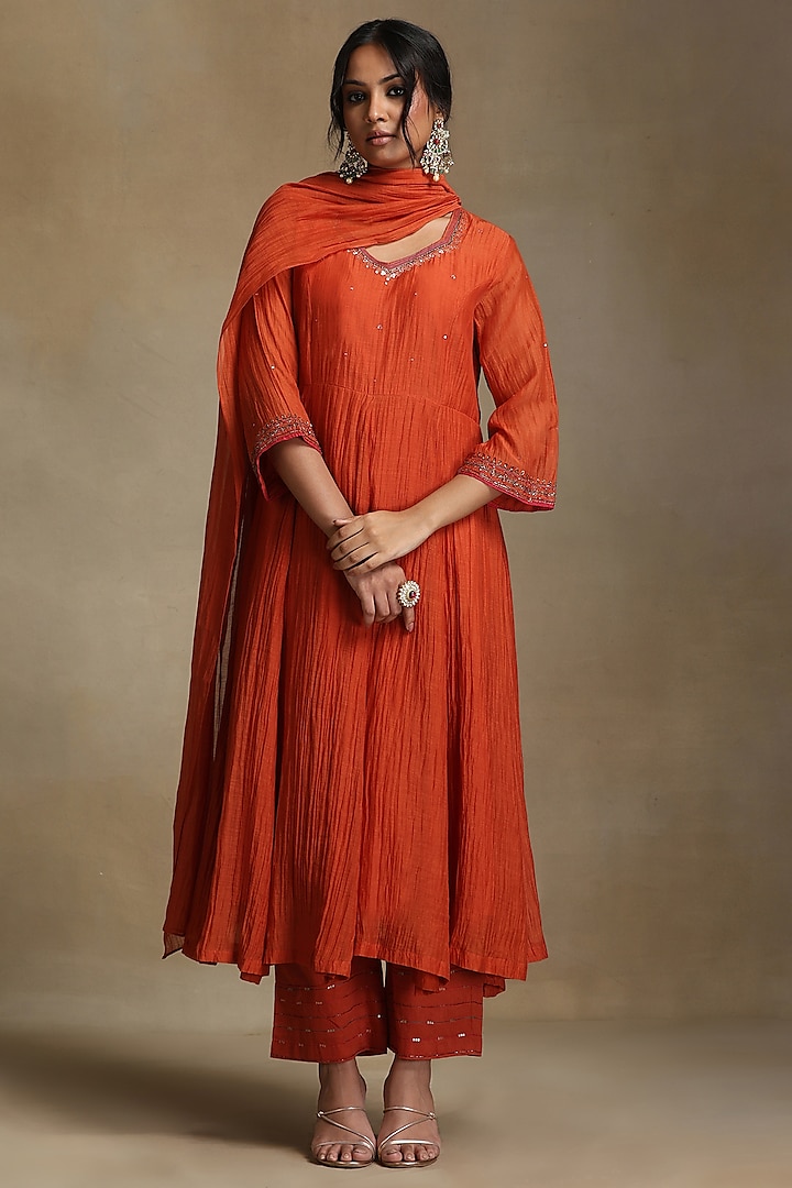 Burnt Orange Chanderi Hand Embroidered Anarkali Kurta Set by Weaverstory at Pernia's Pop Up Shop