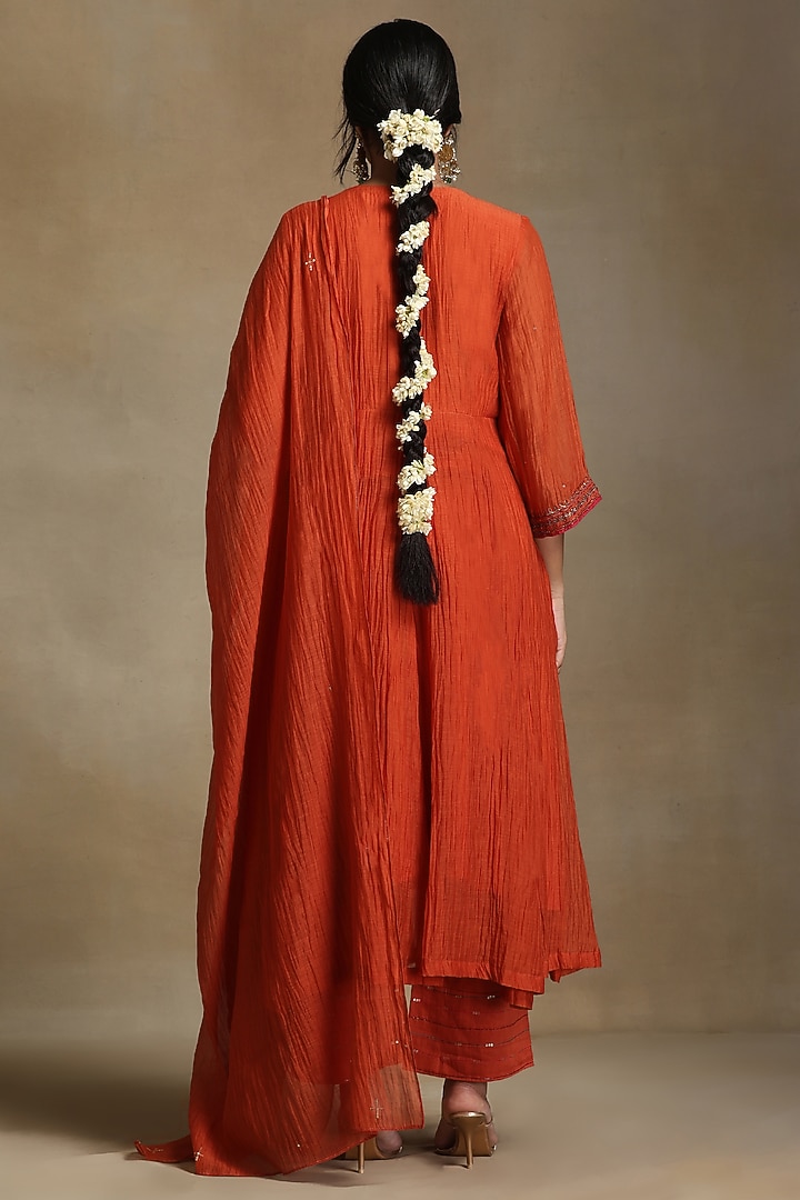 Burnt Orange Chanderi Hand Embroidered Anarkali Kurta Set by Weaverstory at Pernia's Pop Up Shop
