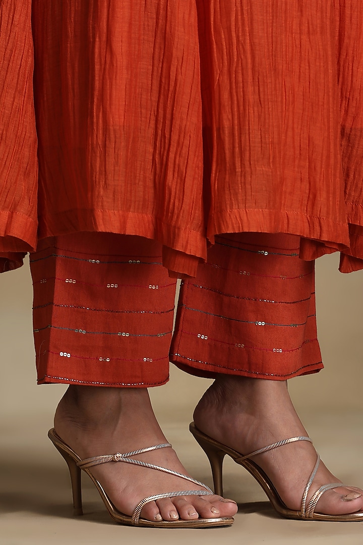 Burnt Orange Chanderi Hand Embroidered Anarkali Kurta Set by Weaverstory at Pernia's Pop Up Shop