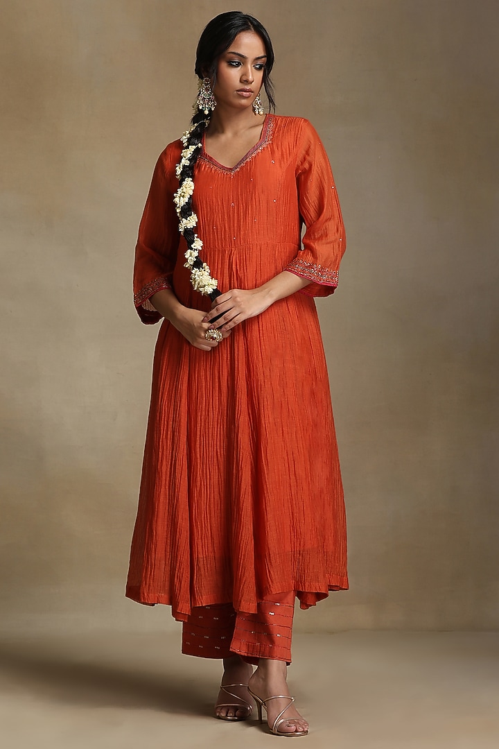 Burnt Orange Chanderi Hand Embroidered Anarkali Kurta Set by Weaverstory at Pernia's Pop Up Shop
