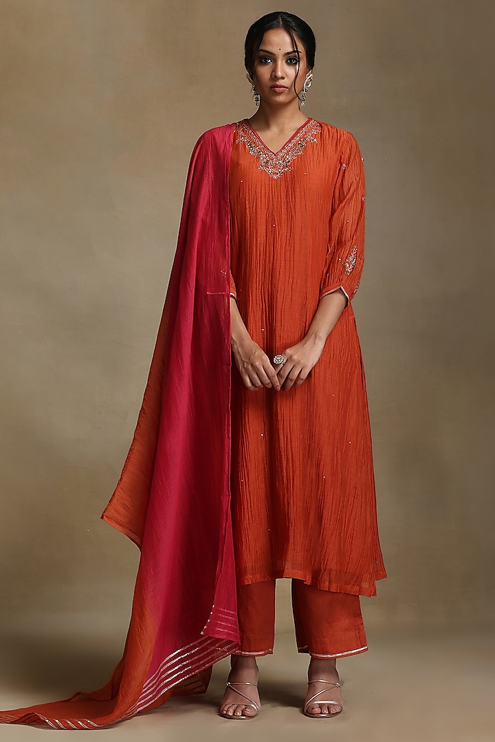 Burnt Orange Pure Chanderi Hand Embroidered A-Line Kurta Set by Weaverstory at Pernia's Pop Up Shop