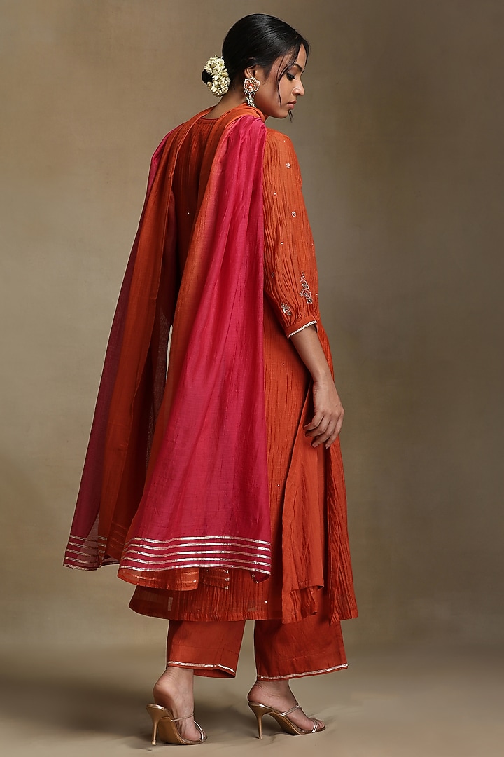 Burnt Orange Pure Chanderi Hand Embroidered A-Line Kurta Set by Weaverstory at Pernia's Pop Up Shop