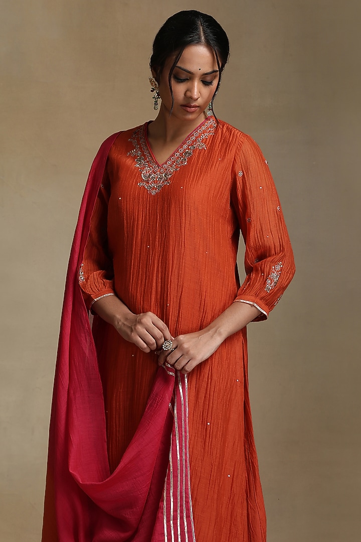 Burnt Orange Pure Chanderi Hand Embroidered A-Line Kurta Set by Weaverstory at Pernia's Pop Up Shop