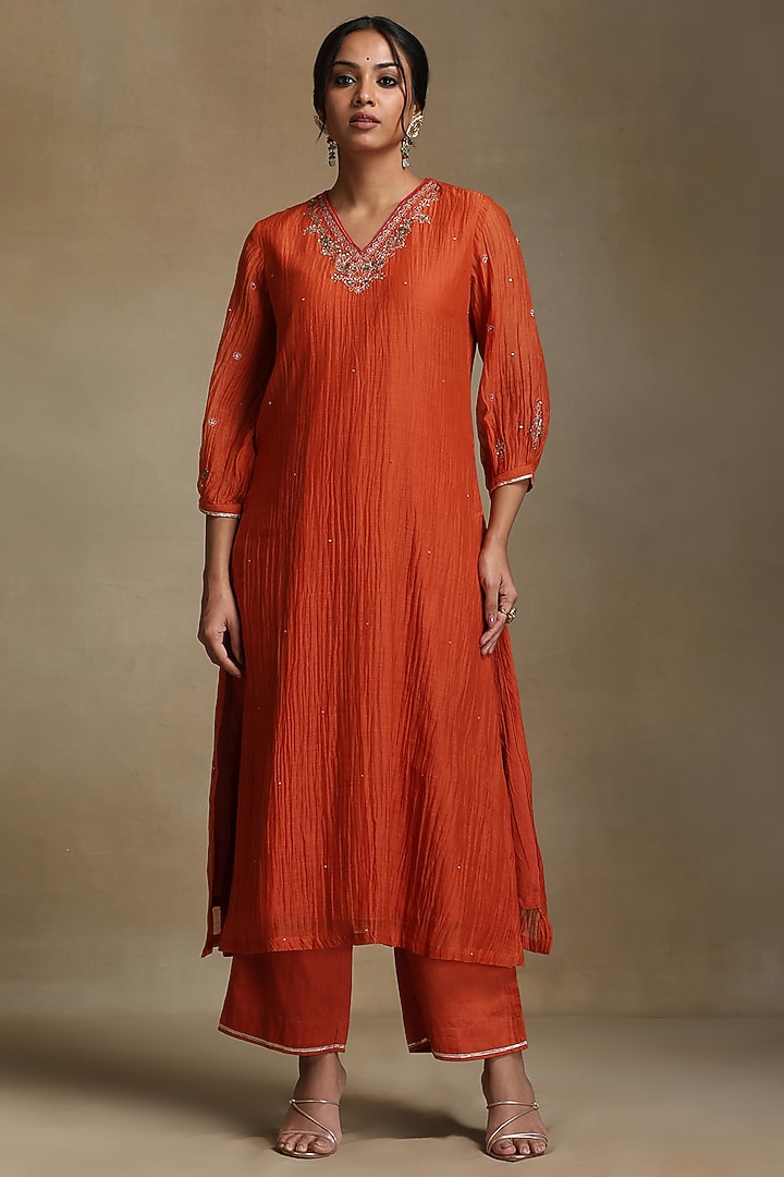 Burnt Orange Pure Chanderi Hand Embroidered A-Line Kurta Set by Weaverstory at Pernia's Pop Up Shop