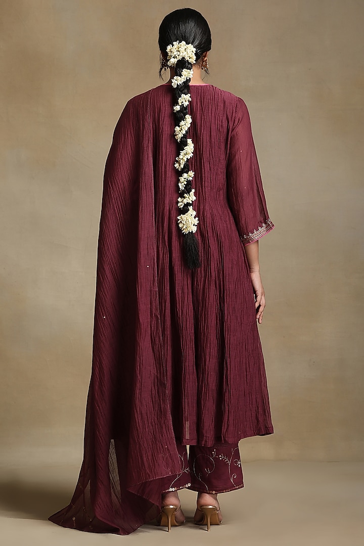 Plum Chanderi Hand Embroidered Anarkali Kurta Set by Weaverstory at Pernia's Pop Up Shop