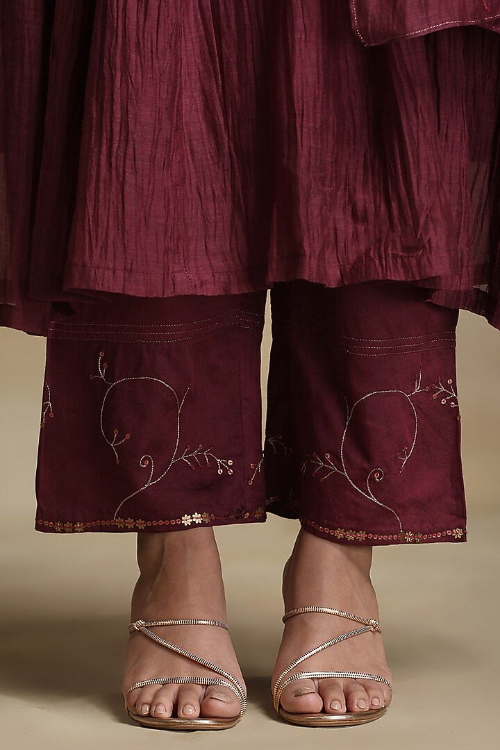 Plum Chanderi Hand Embroidered Anarkali Kurta Set by Weaverstory at Pernia's Pop Up Shop