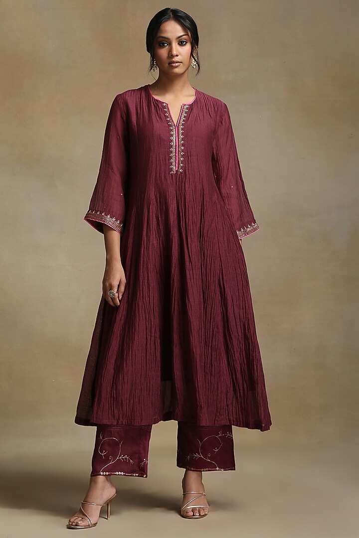 Plum Chanderi Hand Embroidered Anarkali Kurta Set by Weaverstory at Pernia's Pop Up Shop