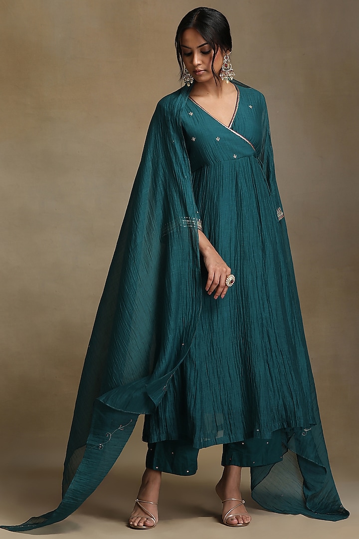 Teal Chanderi Hand Embroidered Angrakha Kali Kurta Set by Weaverstory at Pernia's Pop Up Shop