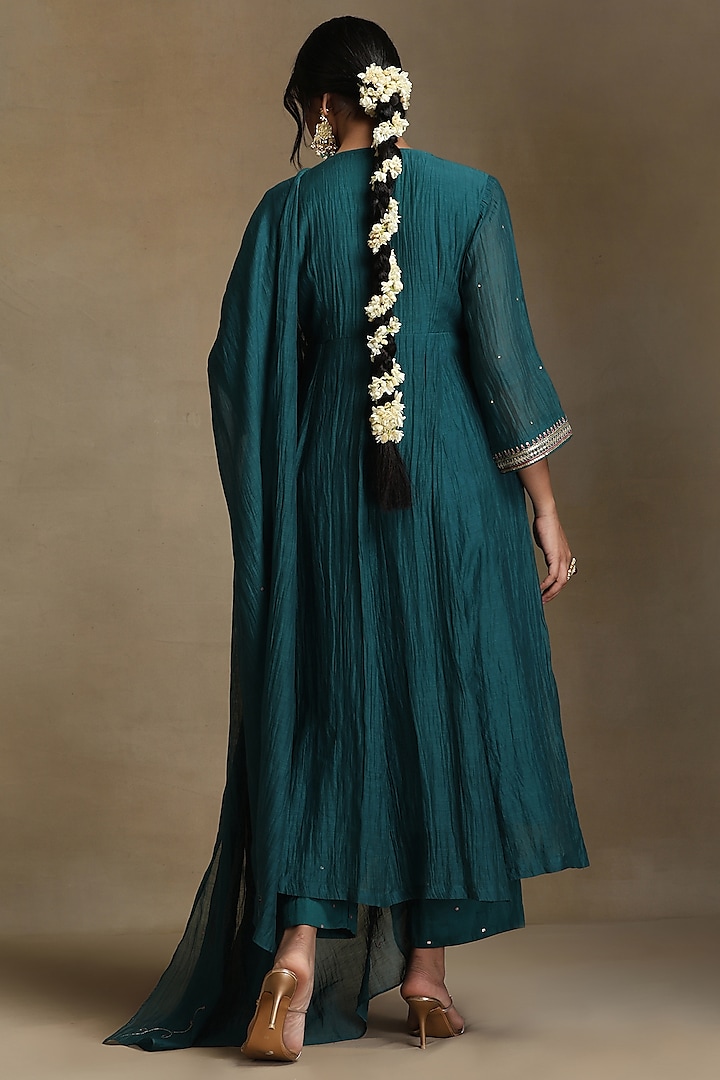 Teal Chanderi Hand Embroidered Angrakha Kali Kurta Set by Weaverstory at Pernia's Pop Up Shop