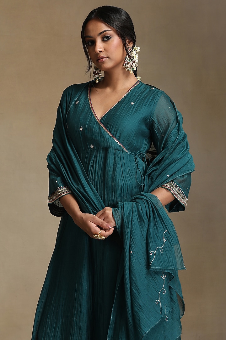 Teal Chanderi Hand Embroidered Angrakha Kali Kurta Set by Weaverstory at Pernia's Pop Up Shop