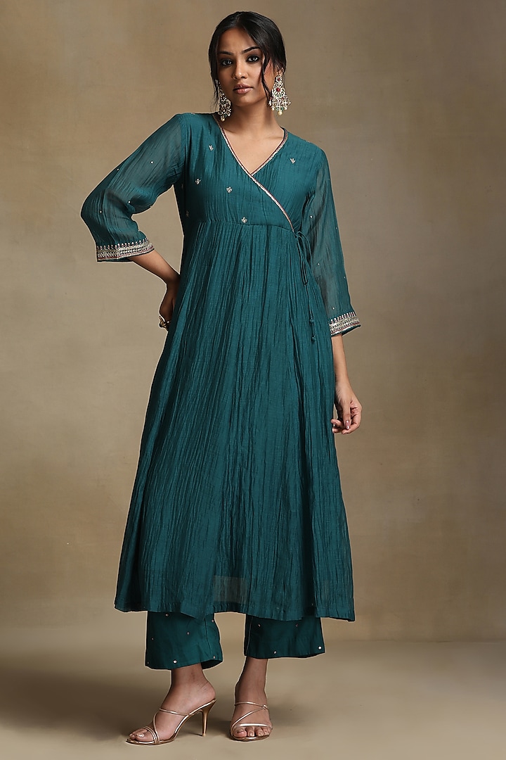 Teal Chanderi Hand Embroidered Angrakha Kali Kurta Set by Weaverstory at Pernia's Pop Up Shop