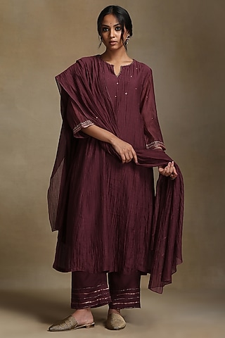 Plum Pure Chanderi Hand Embroidered Side Kali Kurta Set by Weaverstory
