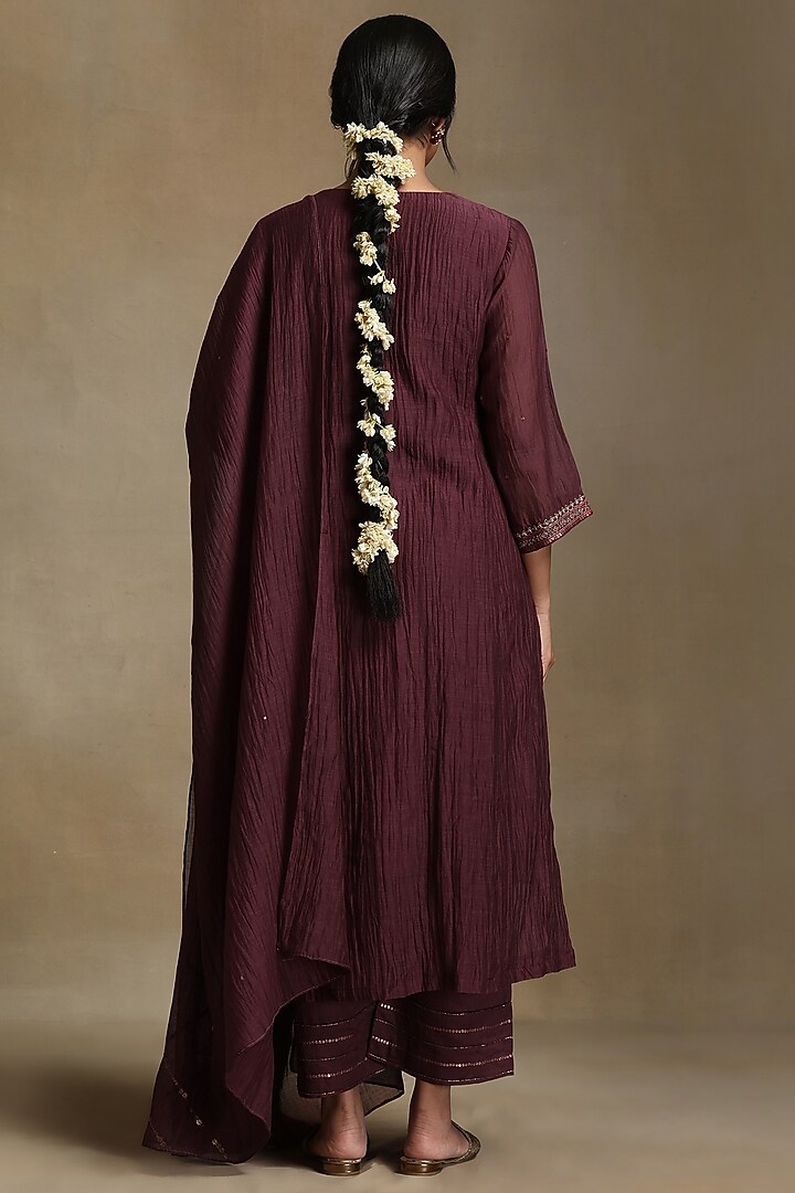 Plum Pure Chanderi Hand Embroidered Side Kali Kurta Set by Weaverstory at Pernia's Pop Up Shop