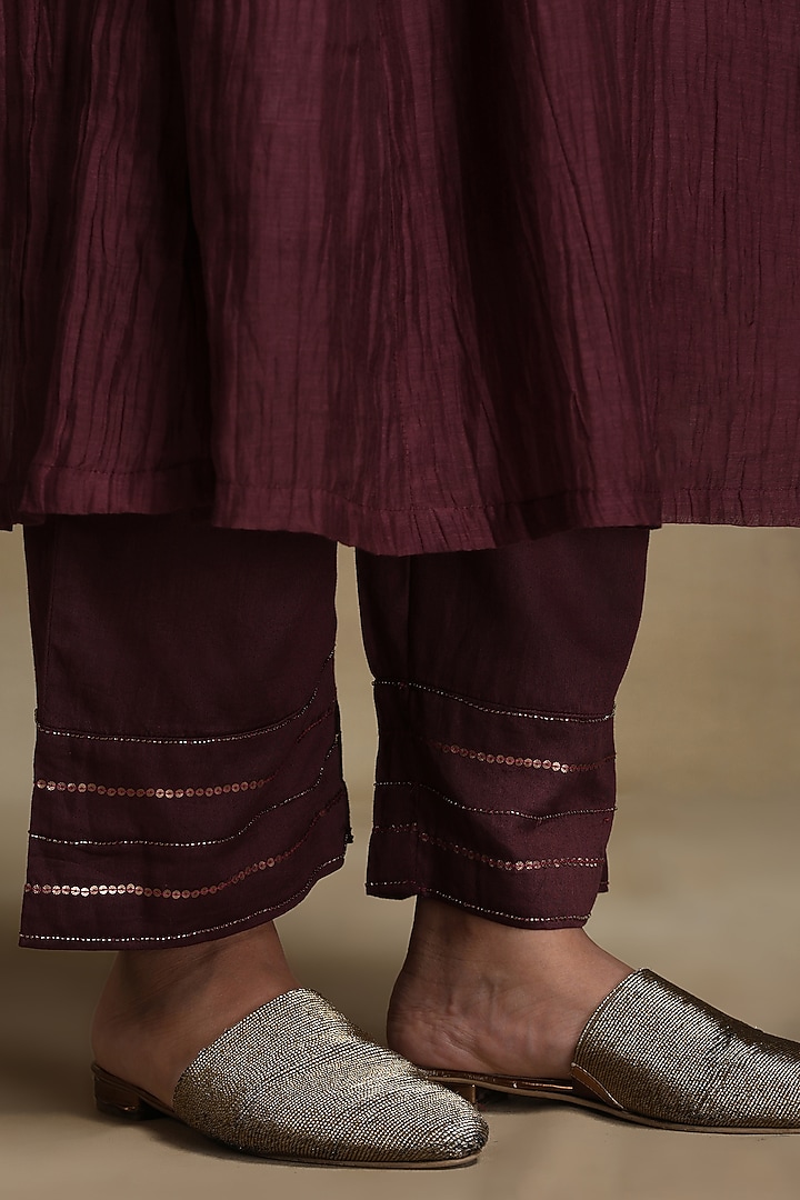 Plum Pure Chanderi Hand Embroidered Side Kali Kurta Set by Weaverstory at Pernia's Pop Up Shop