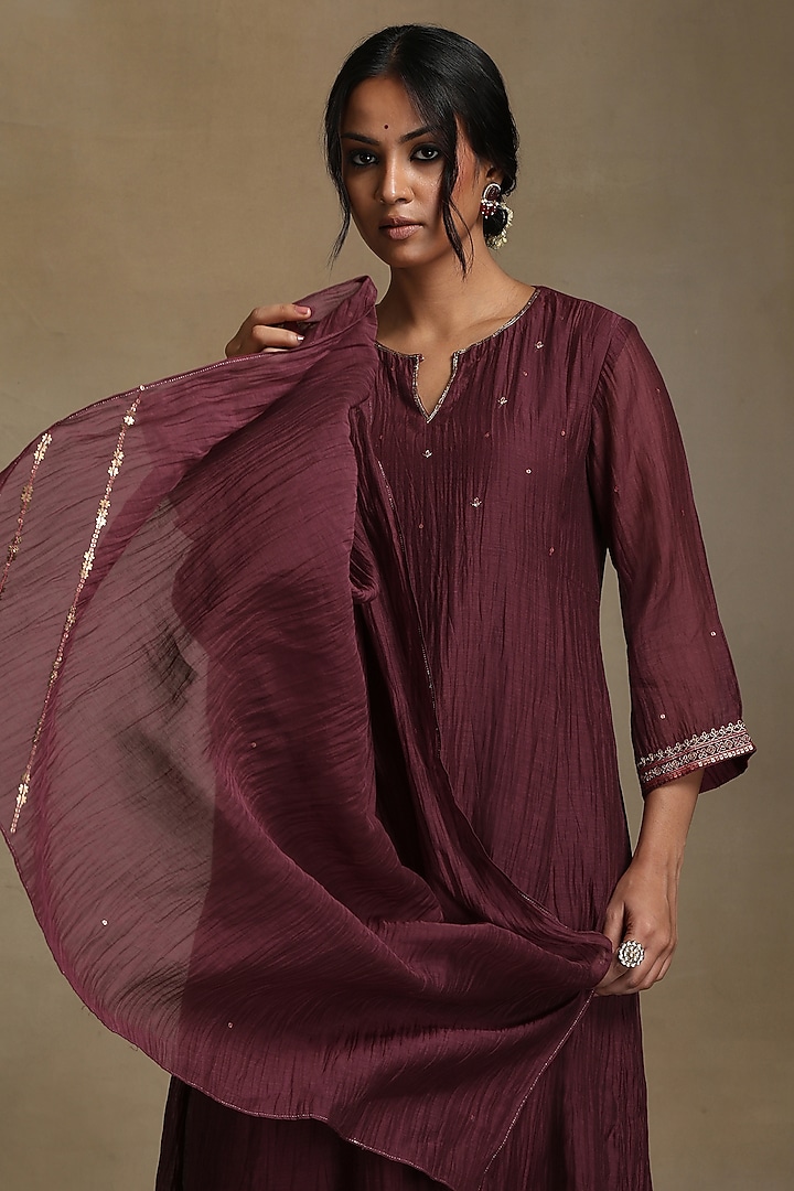 Plum Pure Chanderi Hand Embroidered Side Kali Kurta Set by Weaverstory at Pernia's Pop Up Shop