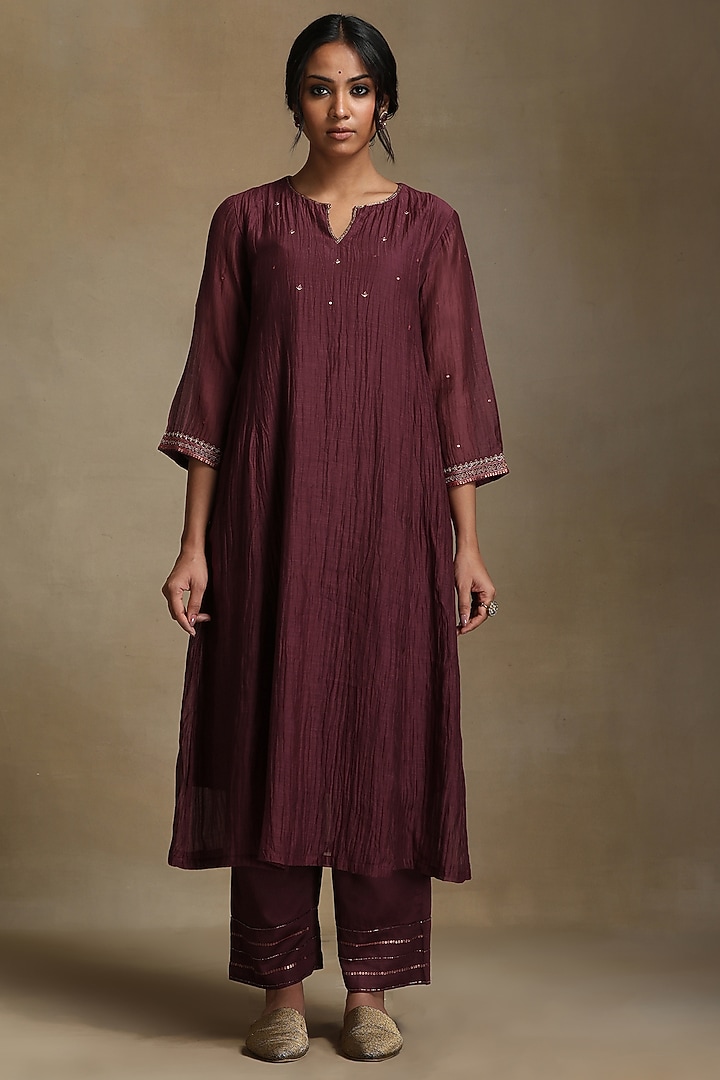 Plum Pure Chanderi Hand Embroidered Side Kali Kurta Set by Weaverstory at Pernia's Pop Up Shop