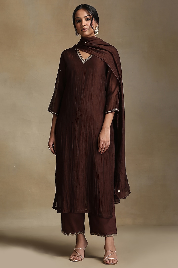 Brown Pure Chanderi Hand Embroidered Kurta Set by Weaverstory at Pernia's Pop Up Shop