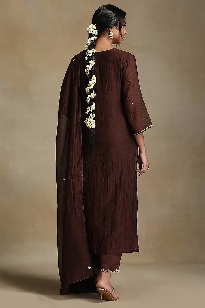 Brown Pure Chanderi Hand Embroidered Kurta Set by Weaverstory at Pernia's Pop Up Shop