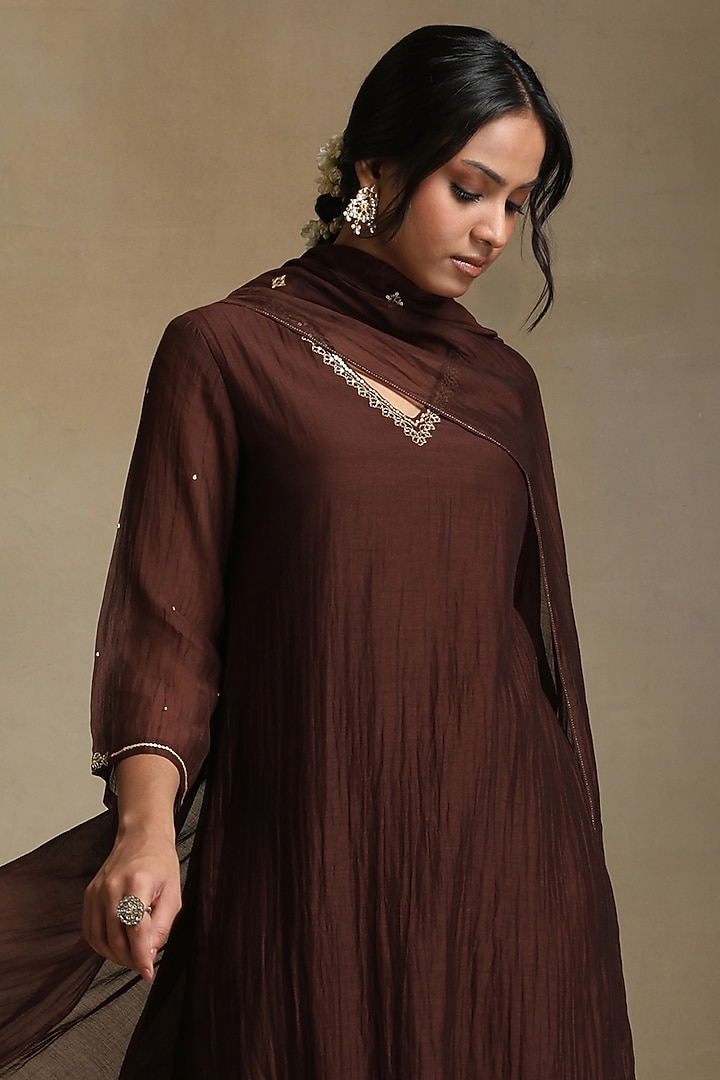 Brown Pure Chanderi Hand Embroidered Kurta Set by Weaverstory at Pernia's Pop Up Shop