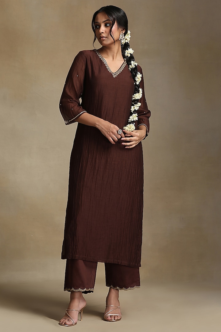 Brown Pure Chanderi Hand Embroidered Kurta Set by Weaverstory at Pernia's Pop Up Shop
