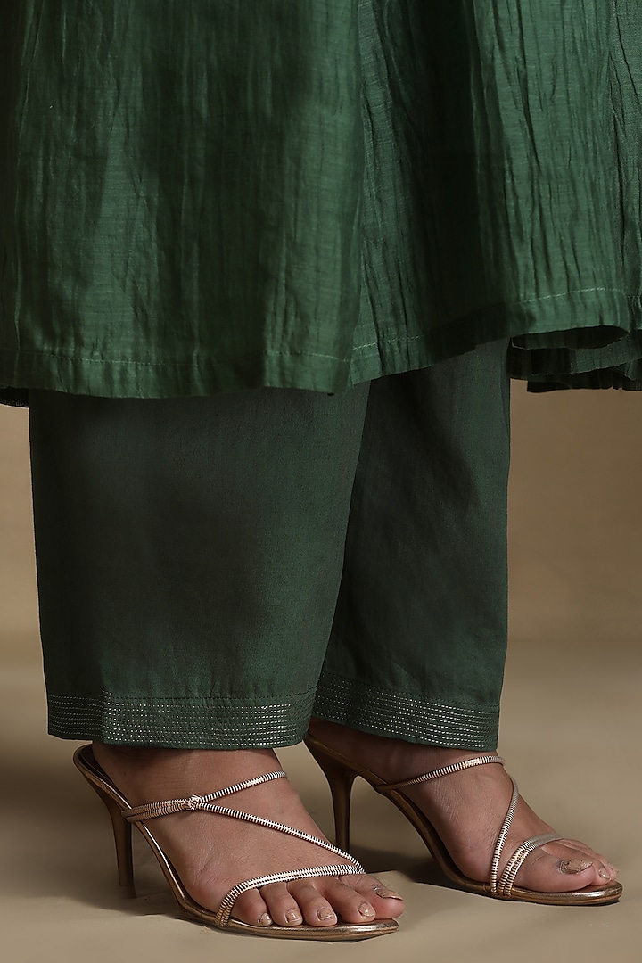 Green Pure Chanderi Hand Embroidered Kurta Set by Weaverstory at Pernia's Pop Up Shop