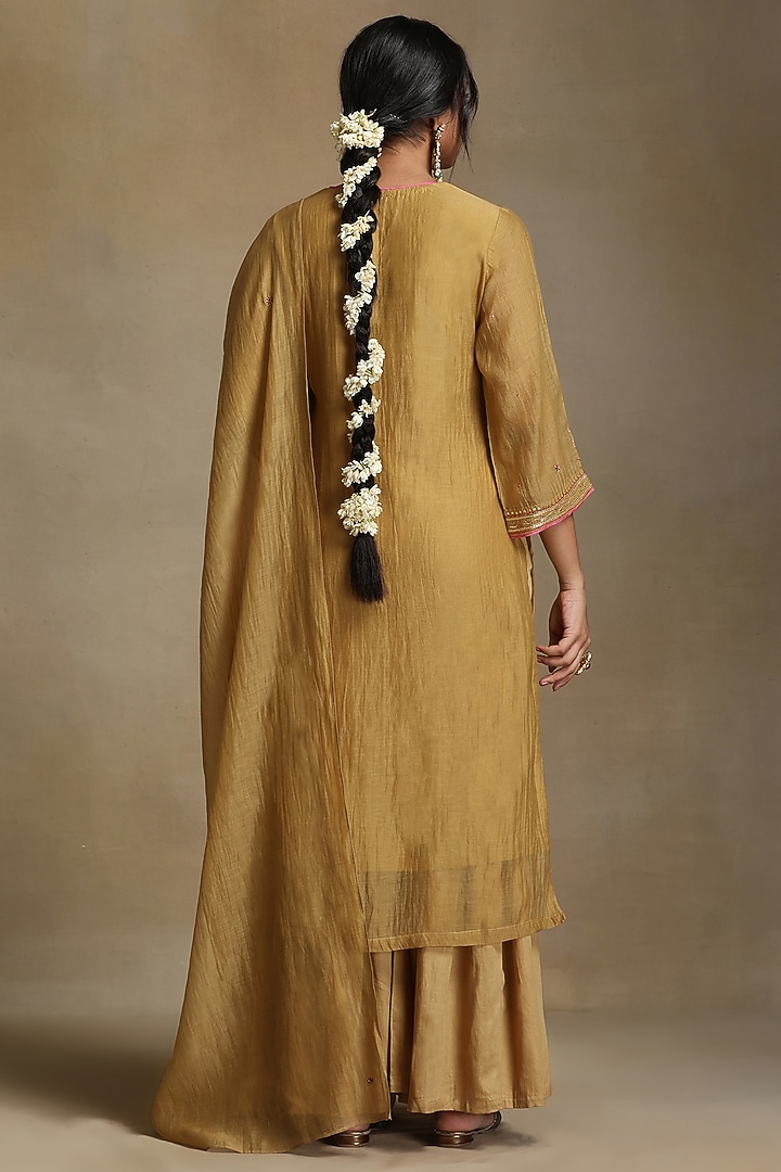 Yellow Pure Chanderi Hand Embroidered Party Wear Sharara Set by Weaverstory at Pernia's Pop Up Shop