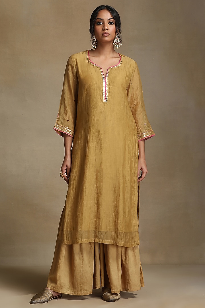 Yellow Pure Chanderi Hand Embroidered Party Wear Sharara Set by Weaverstory at Pernia's Pop Up Shop